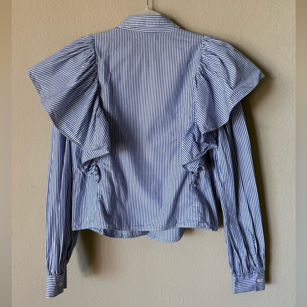 Zara Long Sleeve Stripe Blue White Shirt Ruffles Size XS - Picture 8 of 10